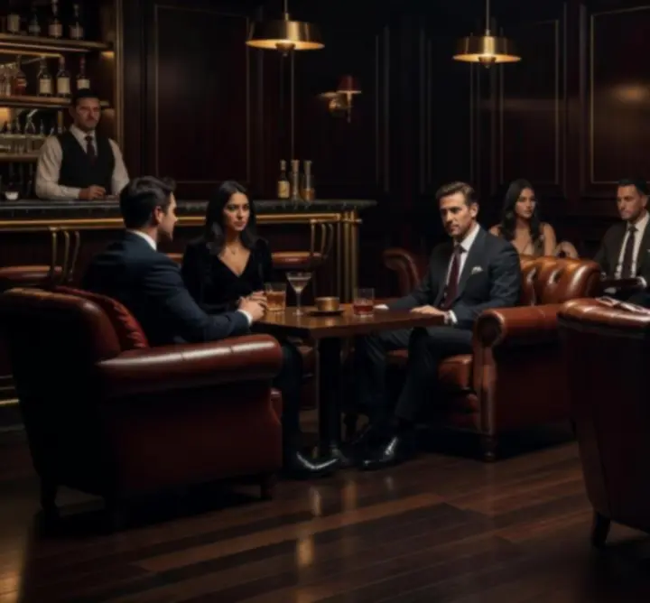 Przyciemnione, eleganckie wnętrze lounge inspirowane klubem pokerowym