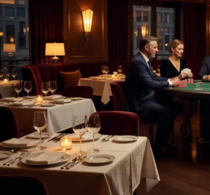 Ekskluzywna sala restauracyjna połączona z elegancką strefą pokerową