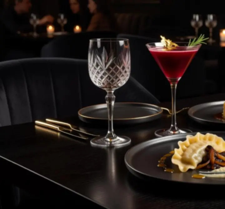 Eleganckie dania w lounge, serwowane na ciemnym tle w nastrojowym świetle.