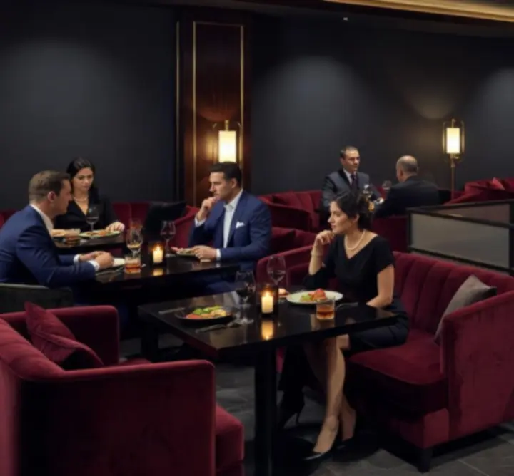 Eleganckie, przyciemnione wnętrze restauracji połączone z poker lounge