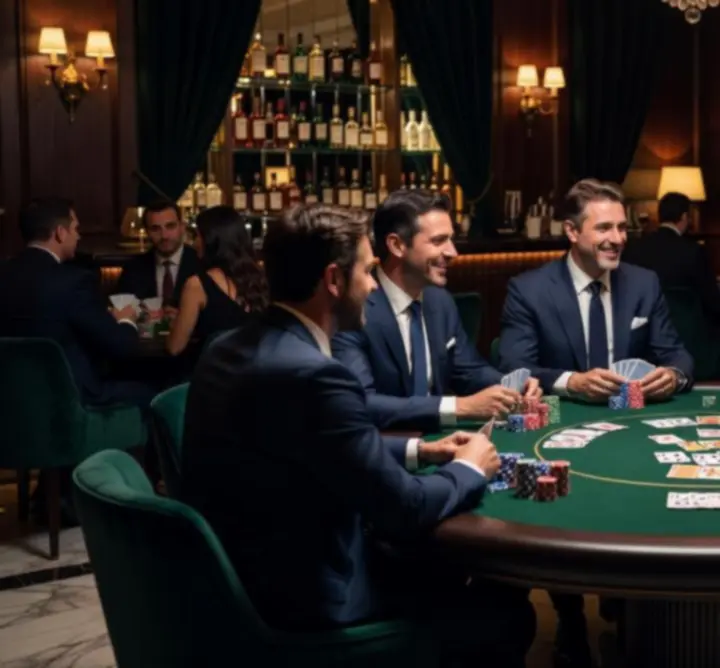 Wieczór pokerowy w lounge z graczami przy stole i eleganckim oświetleniem.