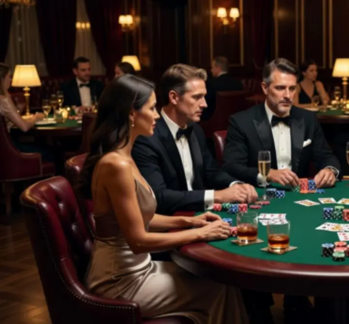 Rozgrywka pokerowa przy profesjonalnym stole podczas wieczoru turniejowego